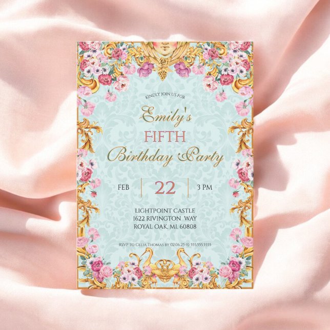 Blue Pastel Gold Fifth Baroque Rococo Birthday Invitation (Creator Uploaded)
