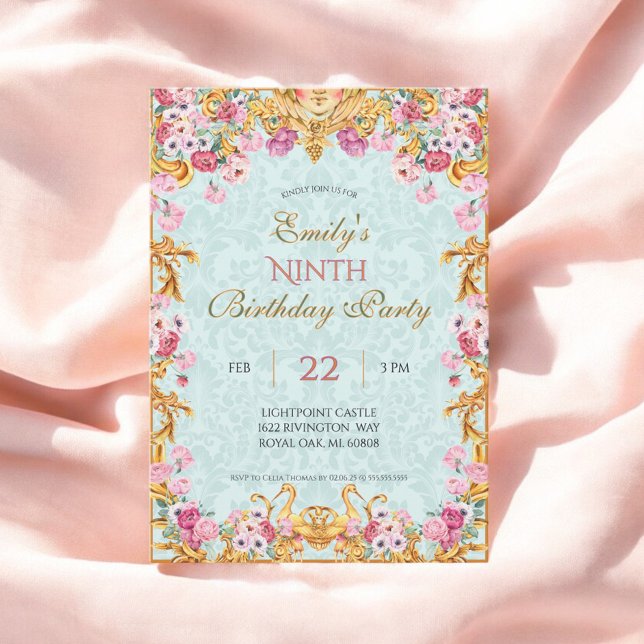 Blue Pastel Gold Ninth Baroque Rococo Birthday Invitation (Creator Uploaded)