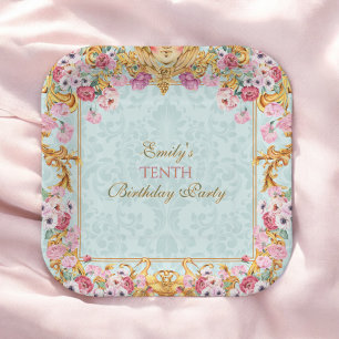 Blue Pastel Gold Tenth Baroque Rococo Birthday Paper Plates
