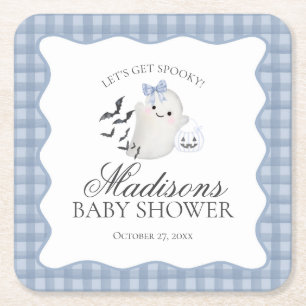 Blue Pastel Little Boo Ghost Baby Shower Bar Square Paper Coaster