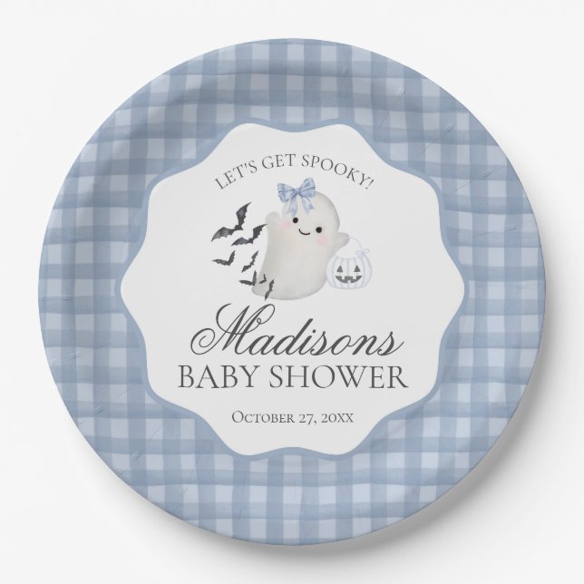 Blue Pastel Little Boo Ghost Baby Shower Dessert Paper Plates (Front)