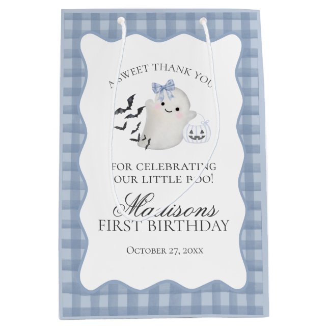 Blue Pastel Little Boo Ghost Birthday Party Favors Medium Gift Bag (Front)