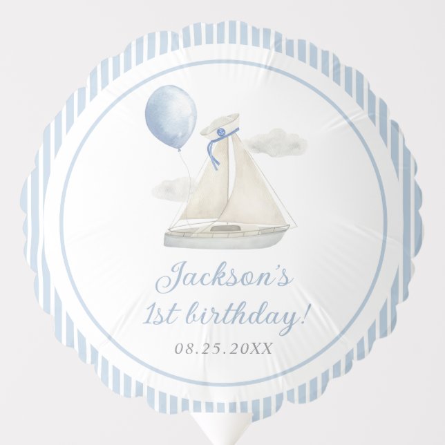 Blue Pastel Nautical Sail Boat 1st Birthday Balloon (Front)