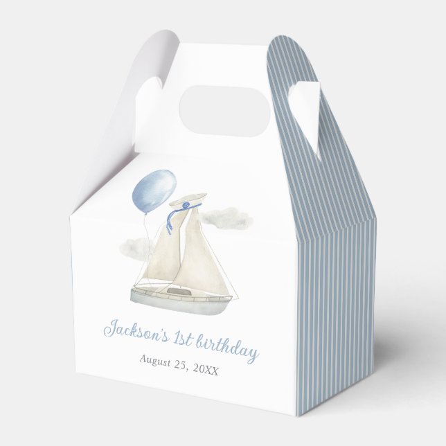 Blue Pastel Nautical Sail Boat 1st Birthday Favor Boxes (Front Side)