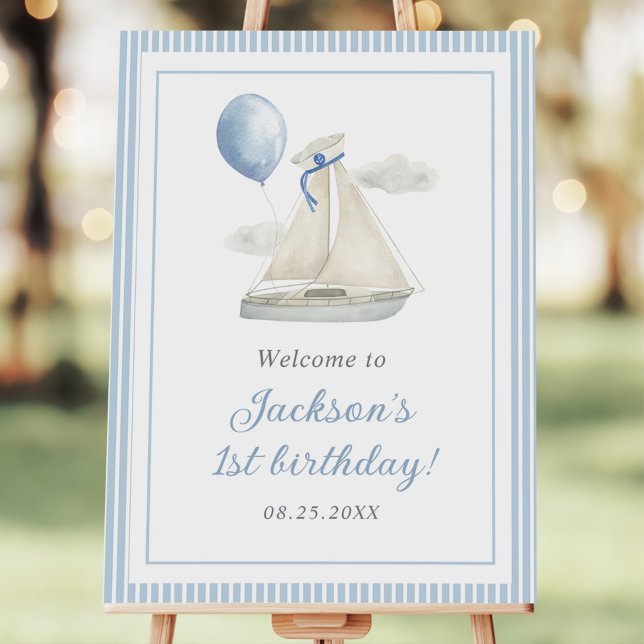 Blue Pastel Nautical Sail Boat 1st Birthday Foam Board (Creator Uploaded)
