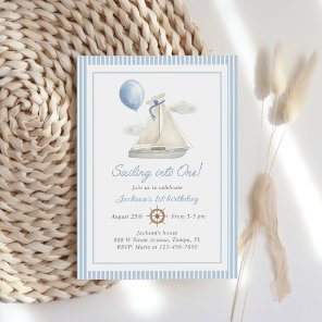 Blue Pastel Nautical Sail Boat 1st Birthday Invitation