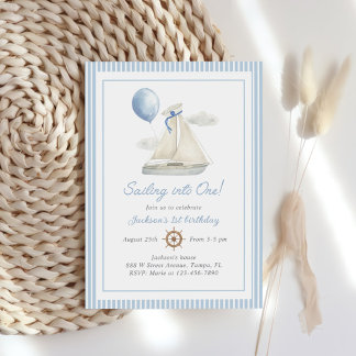Blue Pastel Nautical Sail Boat 1st Birthday Invitation