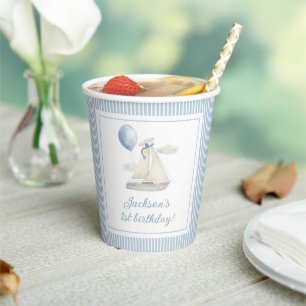 Blue Pastel Nautical Sail Boat 1st Birthday Paper Cups