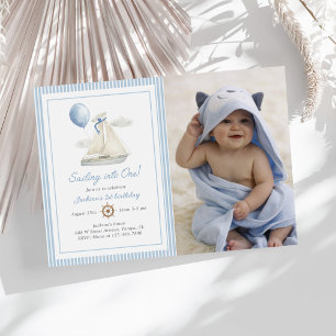 Blue Pastel Nautical Sail Boat 1st Birthday Photo Invitation