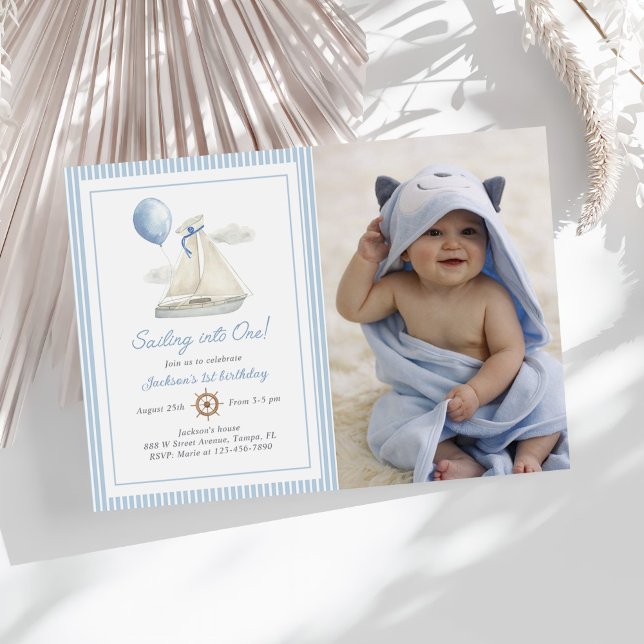 Blue Pastel Nautical Sail Boat 1st Birthday Photo Invitation (Creator Uploaded)