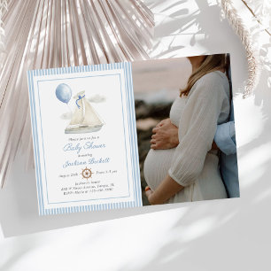 Blue Pastel Nautical Sail Boat Baby Shower Photo Invitation