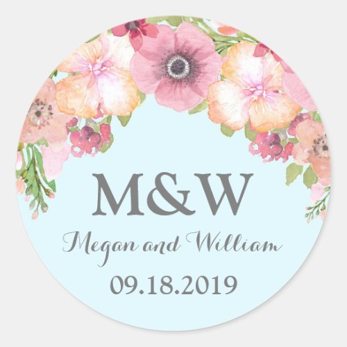 Blue Pastel Pink Floral Monogram Wedding Tag