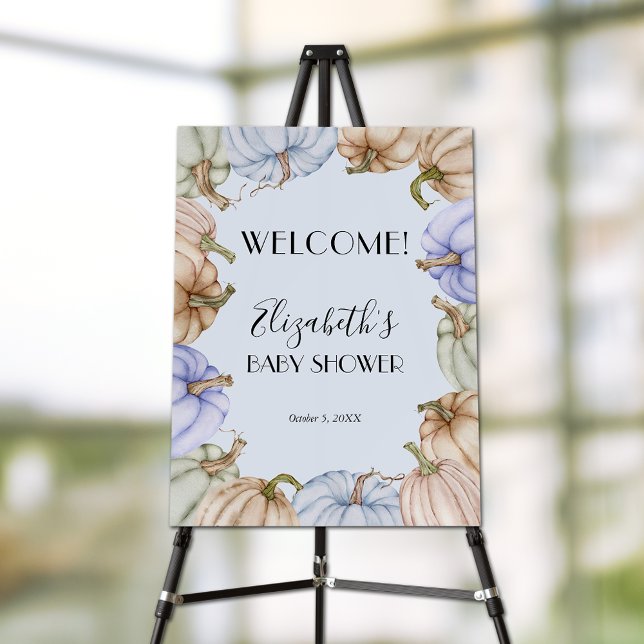 Blue Pastel Pumpkin Boy Baby Shower Welcome Foam Board (Pastel Pumpkins Boy Baby Shower Welcome Foam Board Sign)