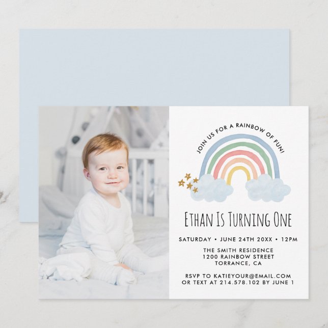 Blue Pastel Rainbow of Fun 1st Birthday Photo Invitation (Front/Back)