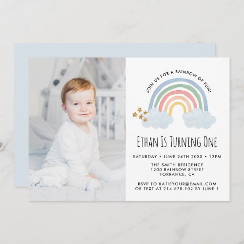 Blue Pastel Rainbow of Fun 1st Birthday Photo Invitation