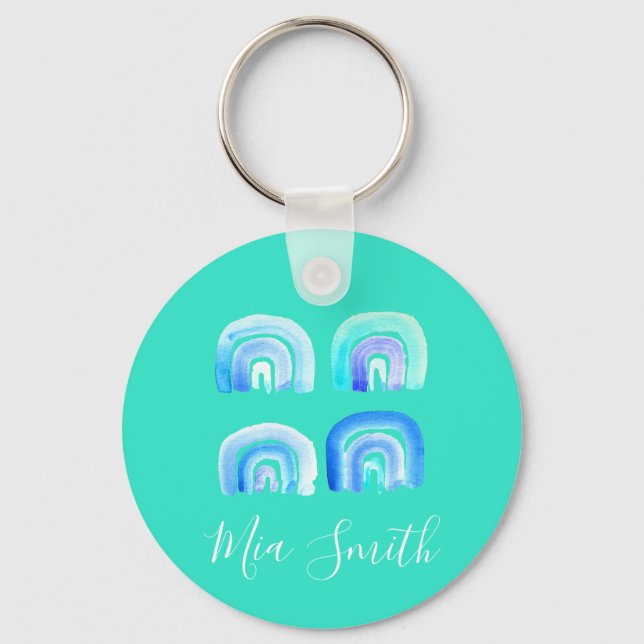 Blue Pastel retro rainbow Keychain (Front)