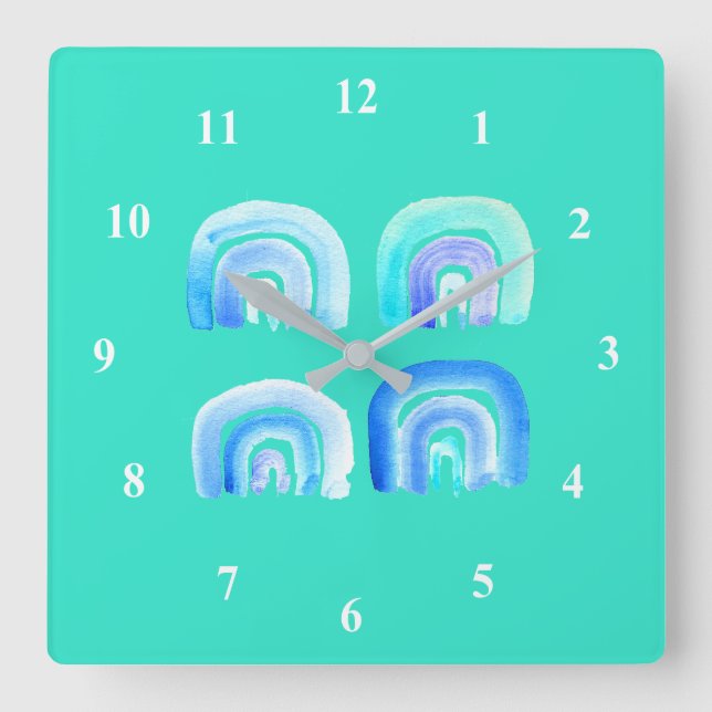 Blue Pastel retro rainbow Square Wall Clock (Front)