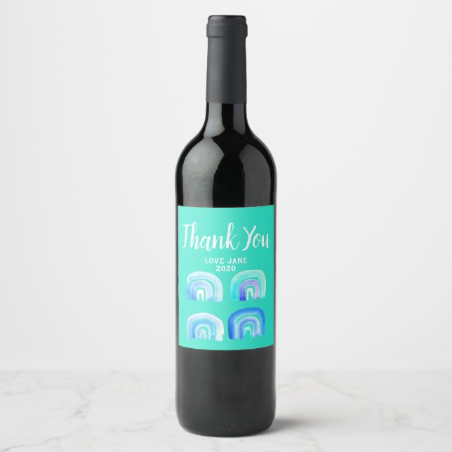 Blue Pastel retro rainbow Wine Label (Front)