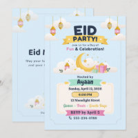 Blue Pastel Sky Kids Eid Party Moon & Lanterns