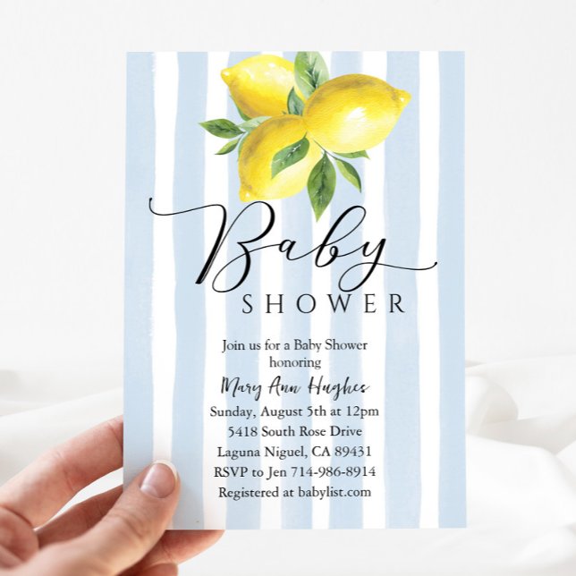 Blue Pastel Stripes Lemon Baby Shower Invitation (Creator Uploaded)