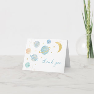Blue Pastel Two the Moon Space Birthday Letterpress Thank You Card