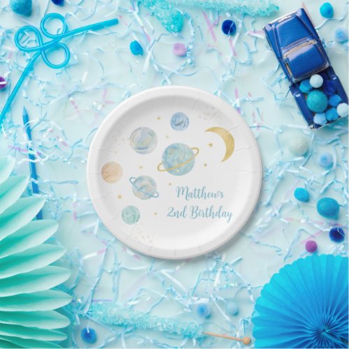 Blue Pastel Two the Moon Space Birthday Paper Plates