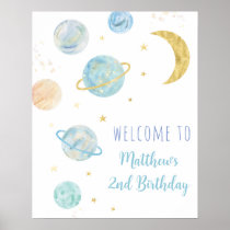 Blue Pastel Two the Moon Space Birthday Welcome Poster