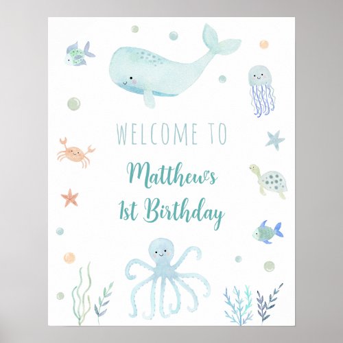 Blue Pastel Under the Sea Birthday Welcome Poster