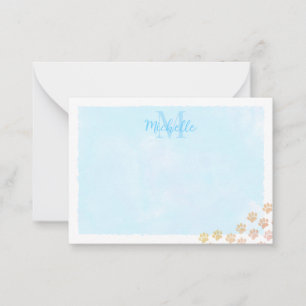 Blue Pastel Watercolor Dog Paw Monogram Note Card
