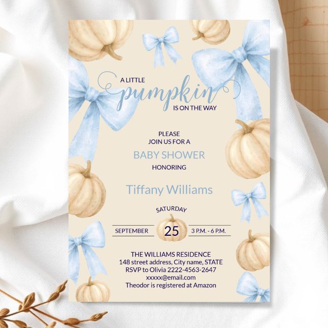 Blue Pastel Watercolor Pumpkin bow ribbon Invitation (Little Pumpkin Baby Shower Invitation Boy | delicate Blue Bow Fall Theme)