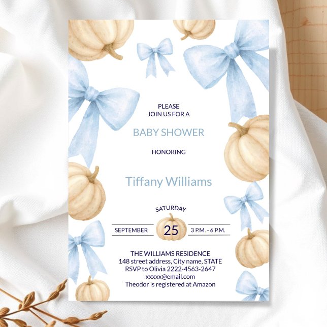 Blue Pastel Watercolor Pumpkin bow ribbon Invitation (Little Pumpkin Baby Shower Invitation Boy | elegant Blue Bow Fall Theme)