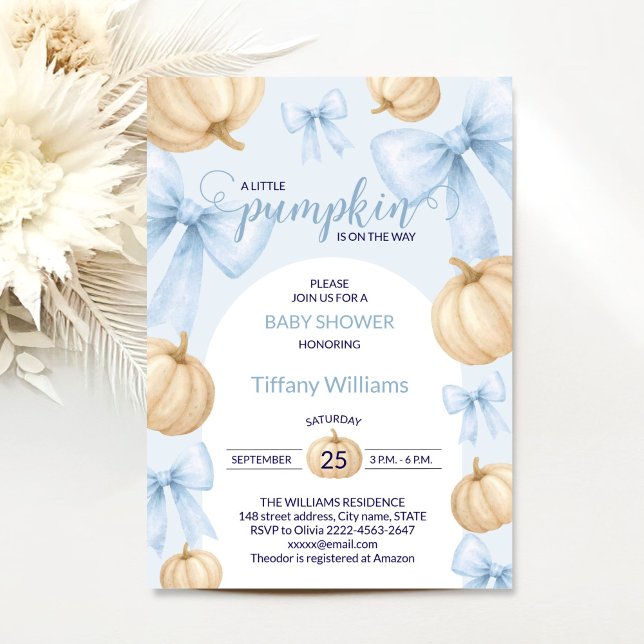 Blue Pastel Watercolor Pumpkin bow ribbon Invitation (Little Pumpkin Baby Shower Invitation Boy | Blue Bow Fall Theme)