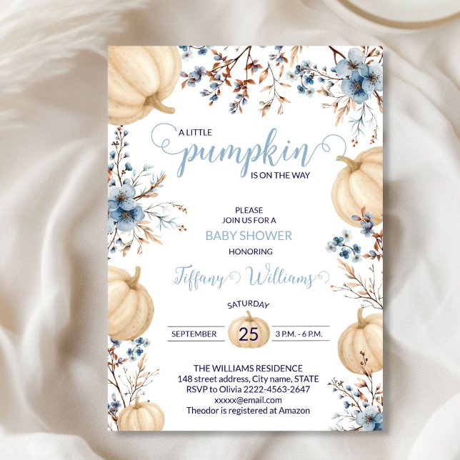 Blue Pastel Watercolor Pumpkin fall wild flowers Invitation (Blue Rustic Pumpkin Baby Shower Invitation | Neutral Fall Floral Autumn Theme)