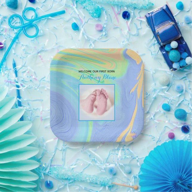 Blue Pastel Welcome First Born Photo Paper Plates (Party)