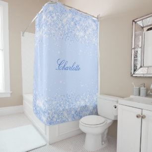 Blue pastels glitter name script elegant shower curtain