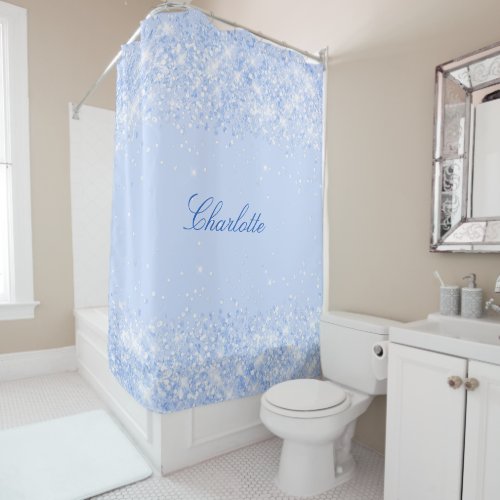 Blue pastels glitter name script elegant shower curtain