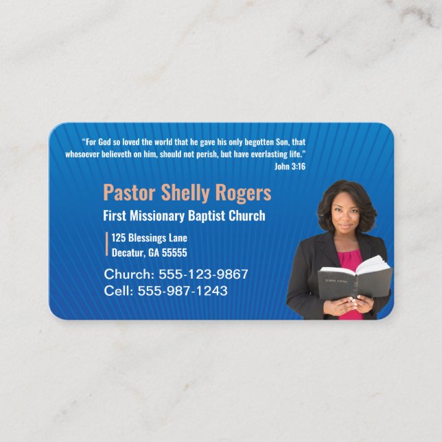 Blue Pastor or Deacon Photo Church Business Card (Front)