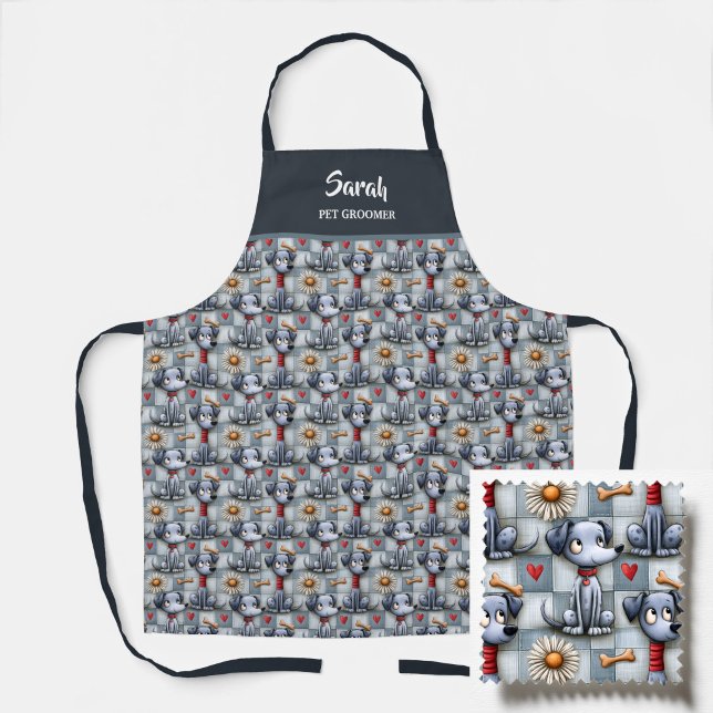 Blue Patchwork Dog Pattern Pet Groomer Apron (Creator Uploaded)