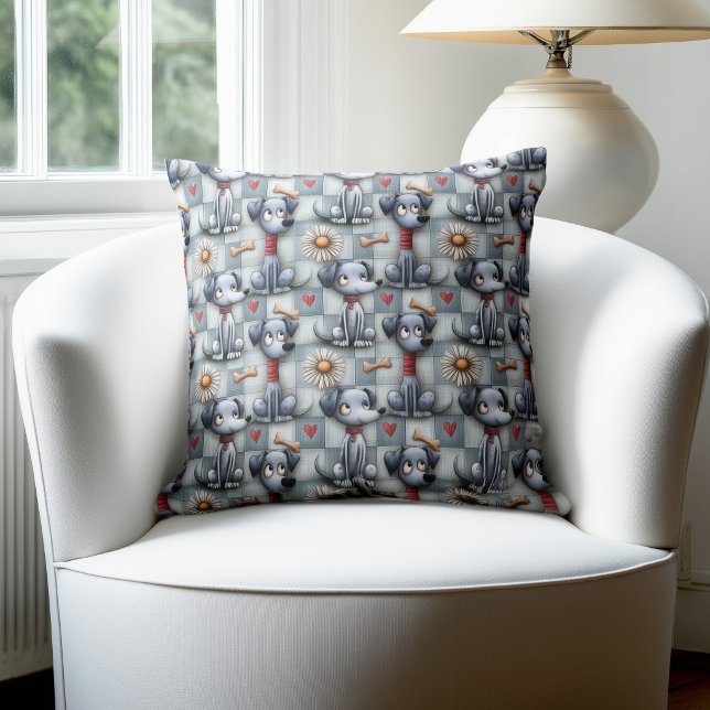 Blue Patchwork Dog Pattern Throw Pillow (Creator Uploaded)