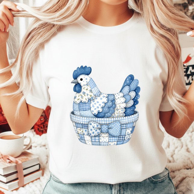 Blue Patchwork Easter Chicken Gingham Floral T-Shirt (Creator Uploaded)