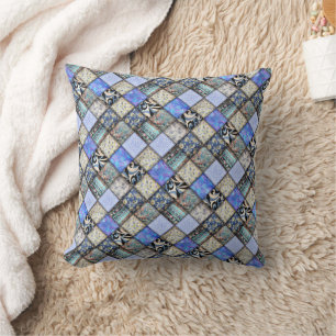 Blue Patchwork-Look Quilting Pattern Throw Pillow
