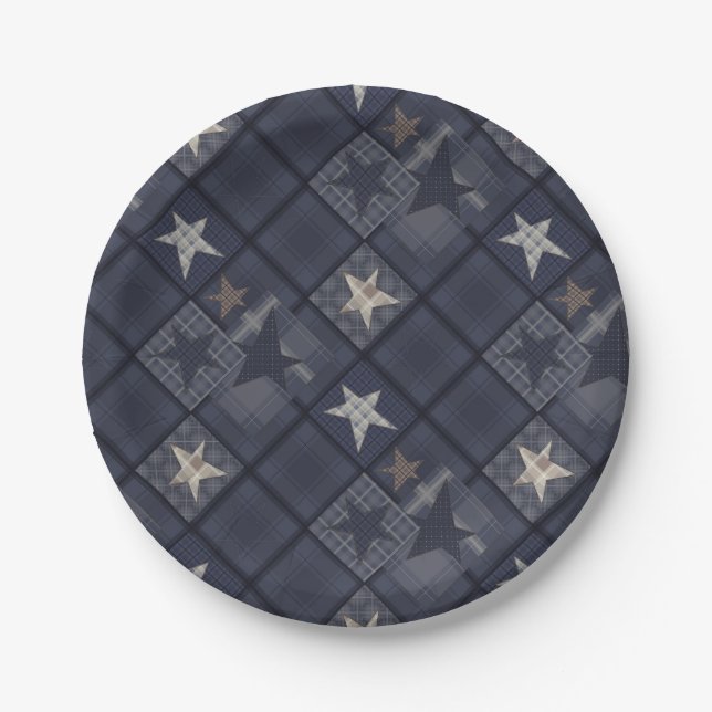 Blue patchwork paper plates (Front)