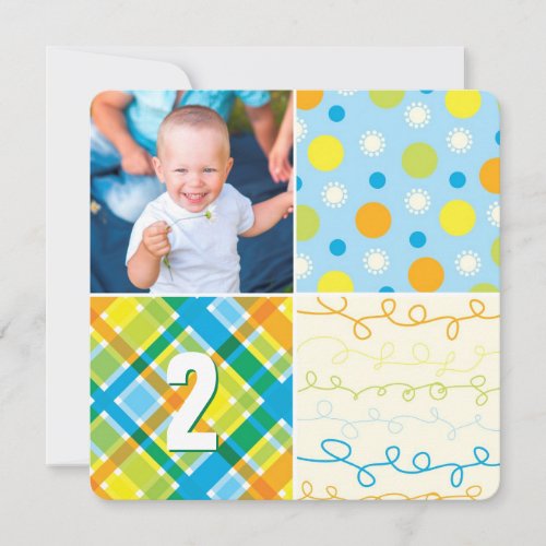 Blue Patchwork Pattern Squares Boy Photo Birthday Invitation