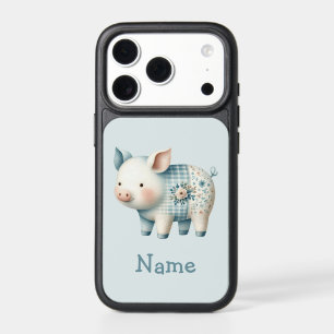 Blue Patchwork Pig Cottagecore Illustration iPhone 17 Pro Case