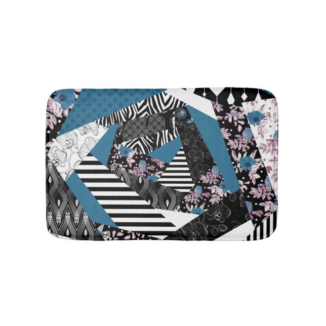 Blue patchwork, popular, patchwork, folk, rustic,  bath mat (Front)