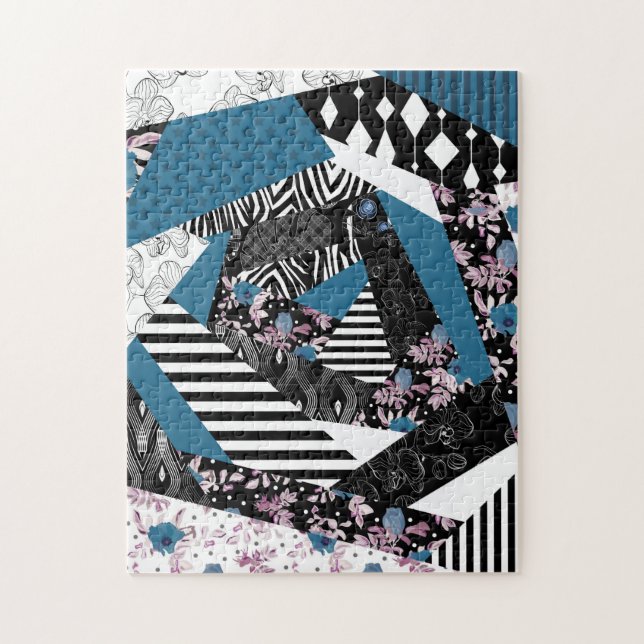 Blue patchwork, popular, patchwork, folk, rustic,  jigsaw puzzle (Vertical)