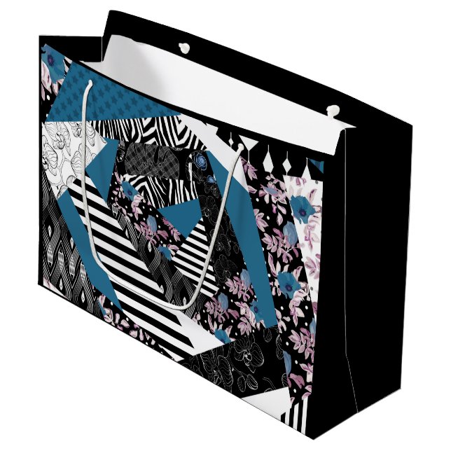 Blue patchwork, popular, patchwork, folk, rustic,  large gift bag (Front Angled)