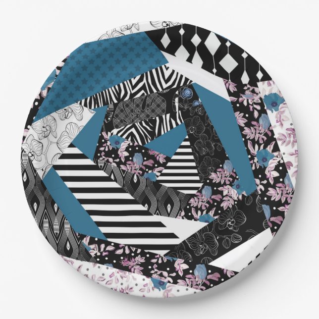 Blue patchwork, popular, patchwork, folk, rustic,  paper plates (Front)