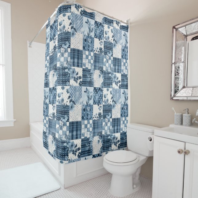 Blue Patchwork Quilt Rustic Floral Retro  Shower Curtain (In Situ)