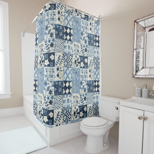 Blue Patchwork Quilt Rustic Floral Retro  Shower Curtain (In Situ)